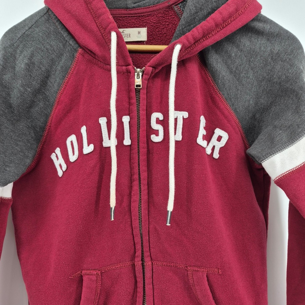 Hollister California Zip Hoodie Burgundy Gray Colorblock Sweatshirt Sz M Varsity - Picture 2 of 12